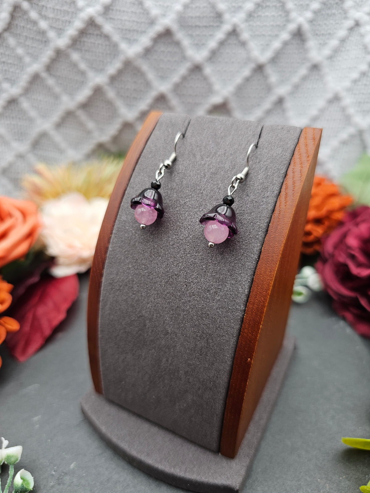 Ohrringe Floral Lila | Rosenquarz & Spinell | Edelstahl
