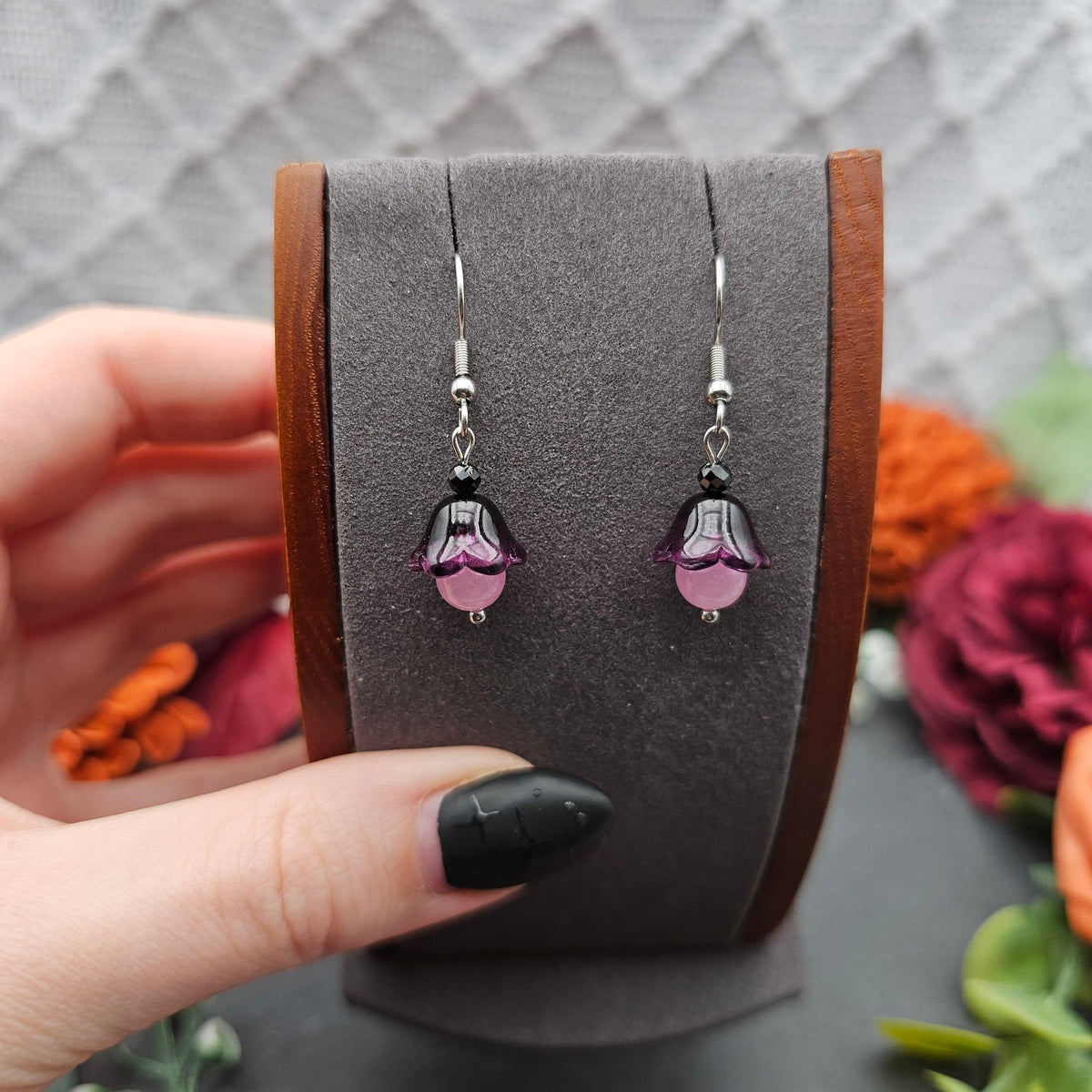 Ohrringe Floral Lila | Rosenquarz & Spinell | Edelstahl