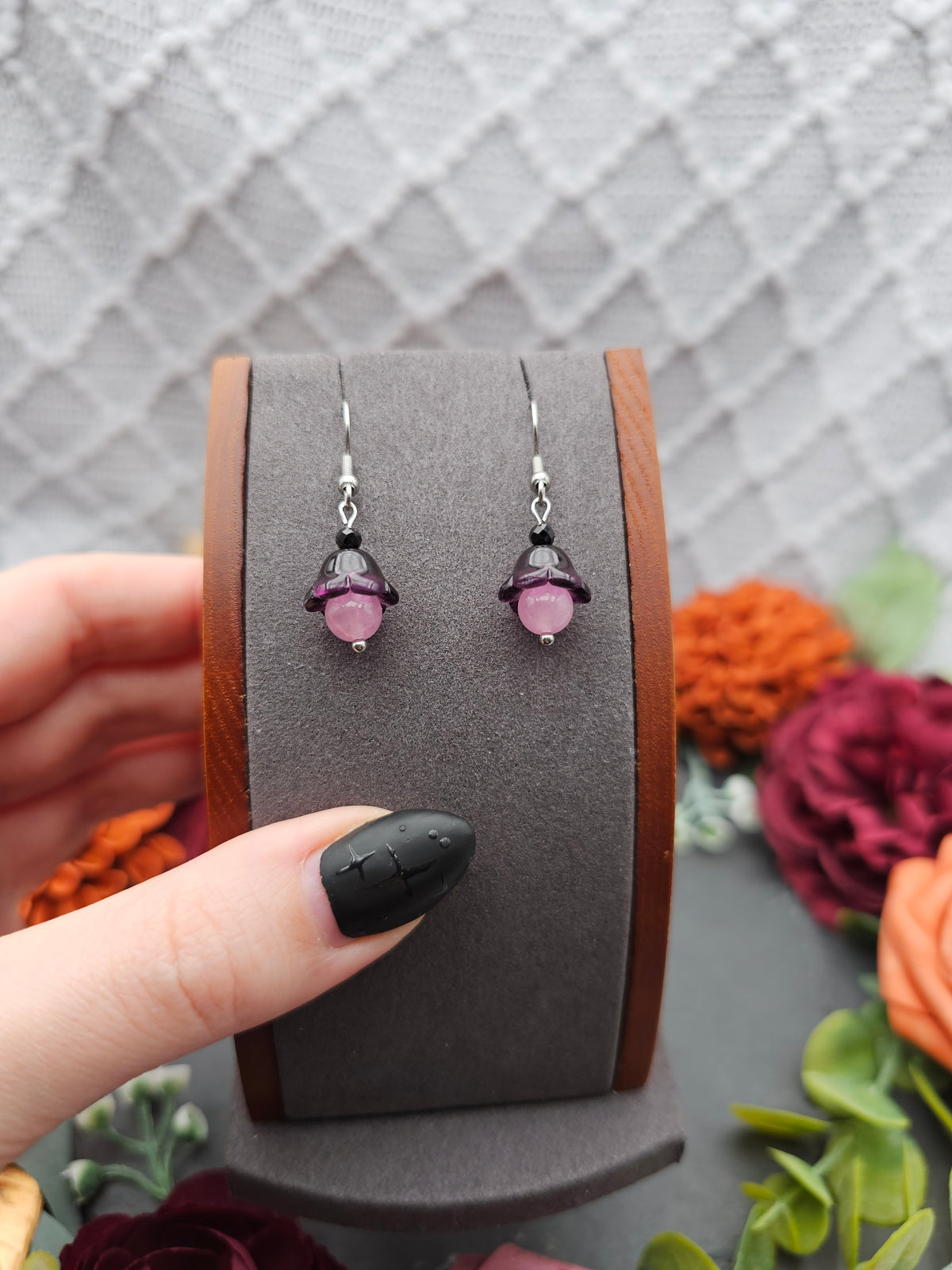 Ohrringe Floral Lila | Rosenquarz & Spinell | Edelstahl