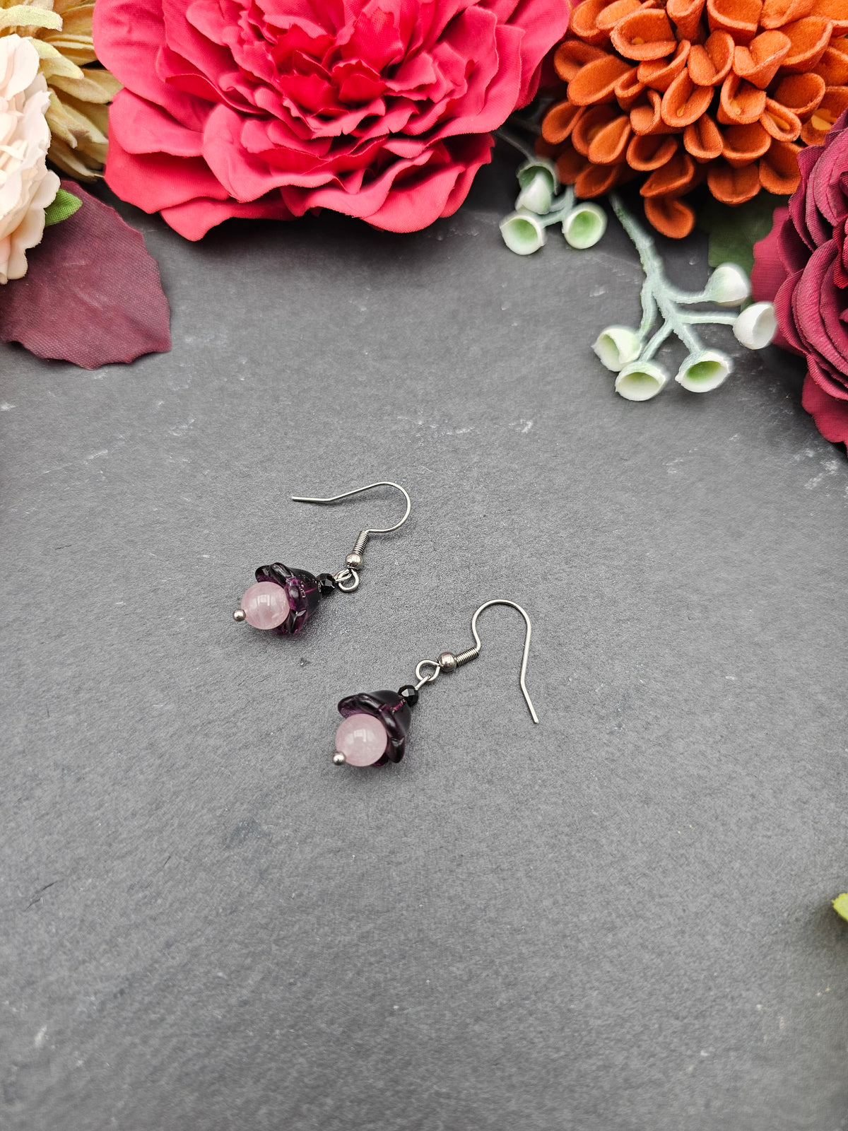 Ohrringe Floral Lila | Rosenquarz & Spinell | Edelstahl