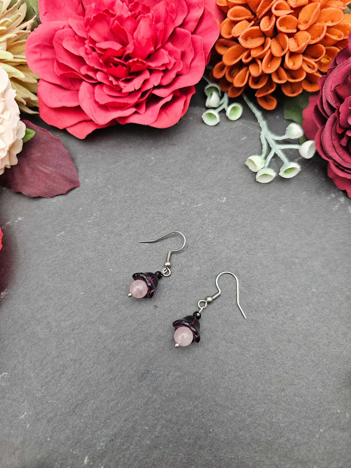 Ohrringe Floral Lila | Rosenquarz & Spinell | Edelstahl
