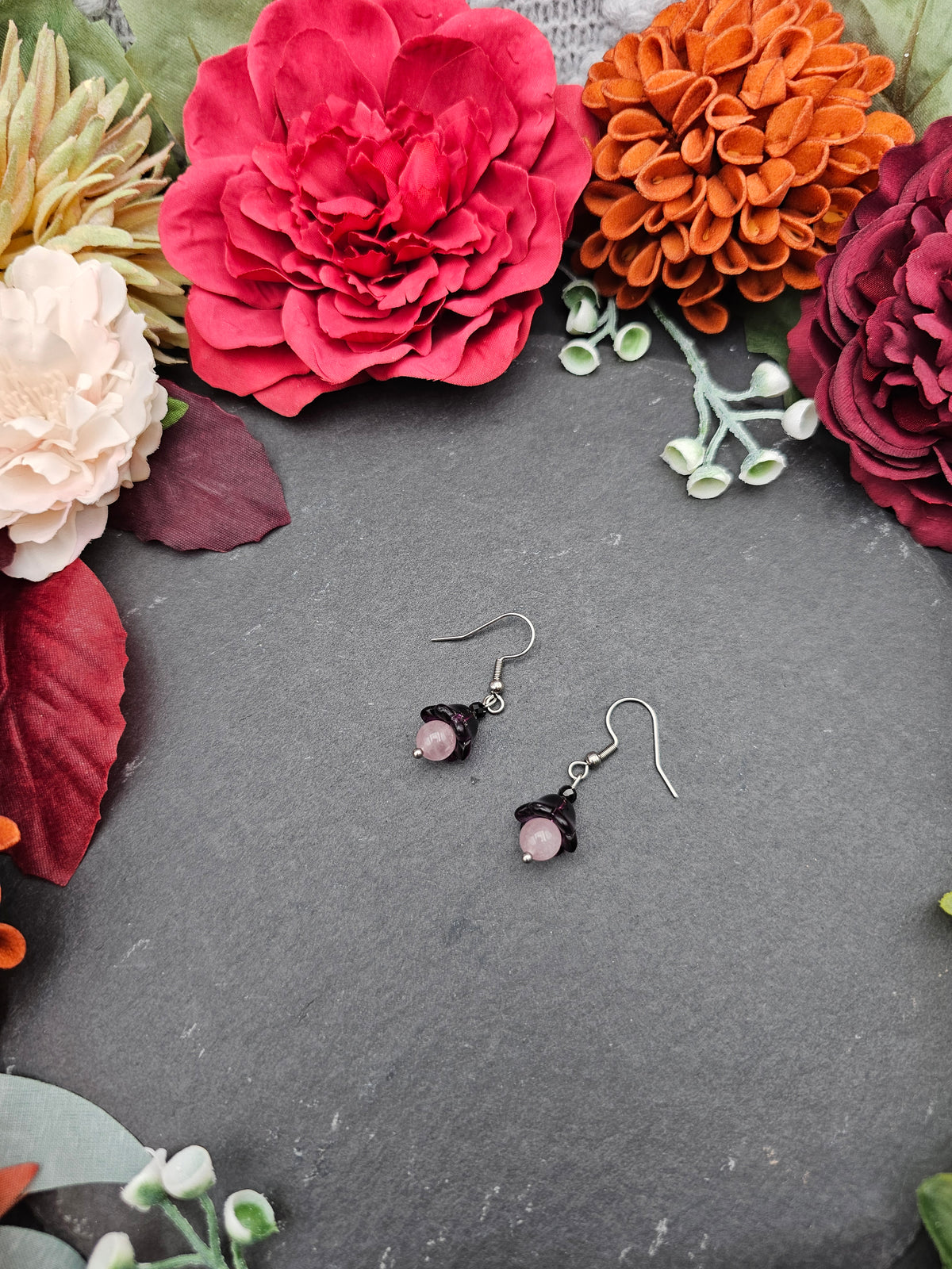 Ohrringe Floral Lila | Rosenquarz & Spinell | Edelstahl