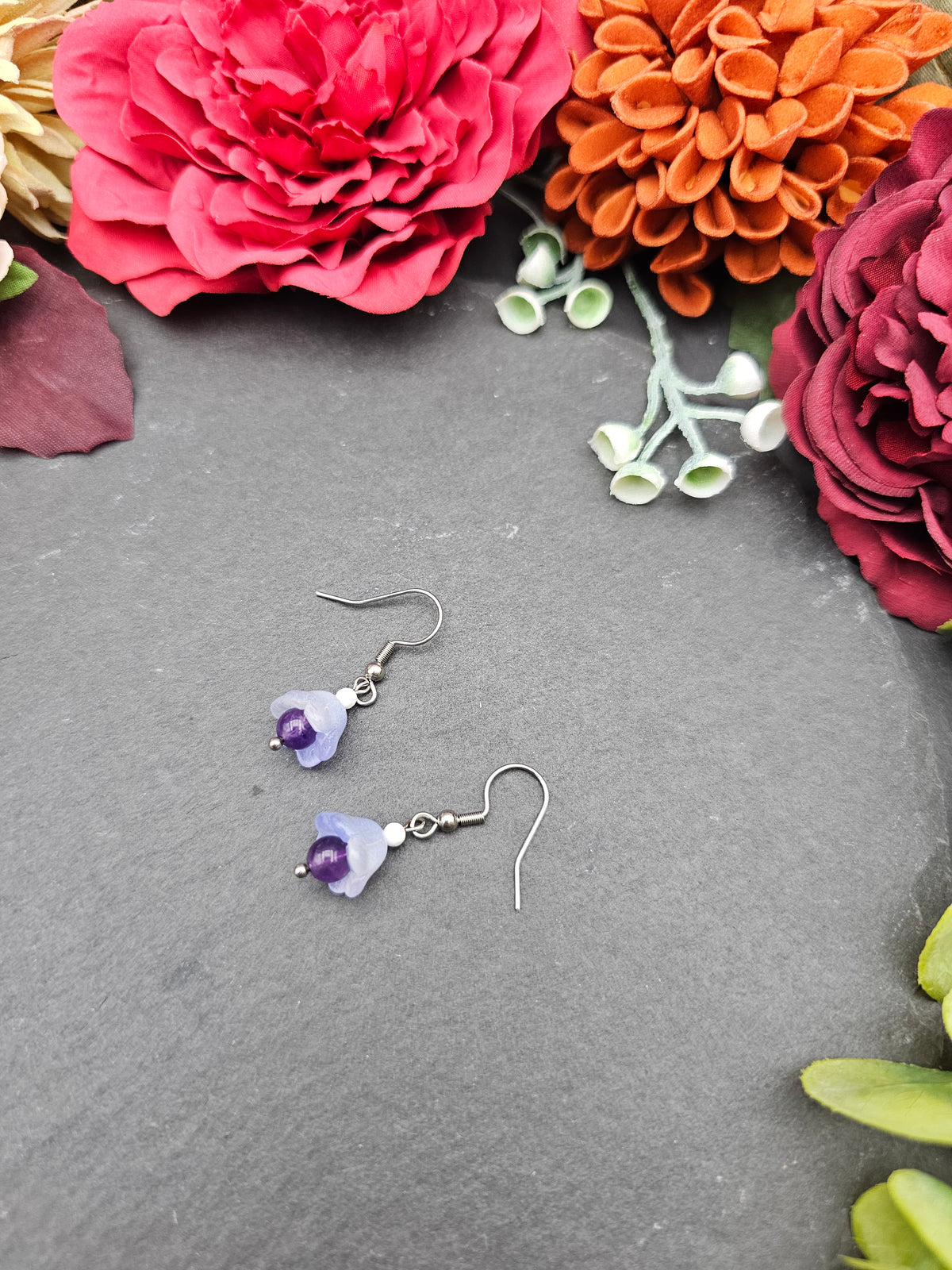Ohrringe Floral Blau | Amethyst & Kascholong | Edelstahl