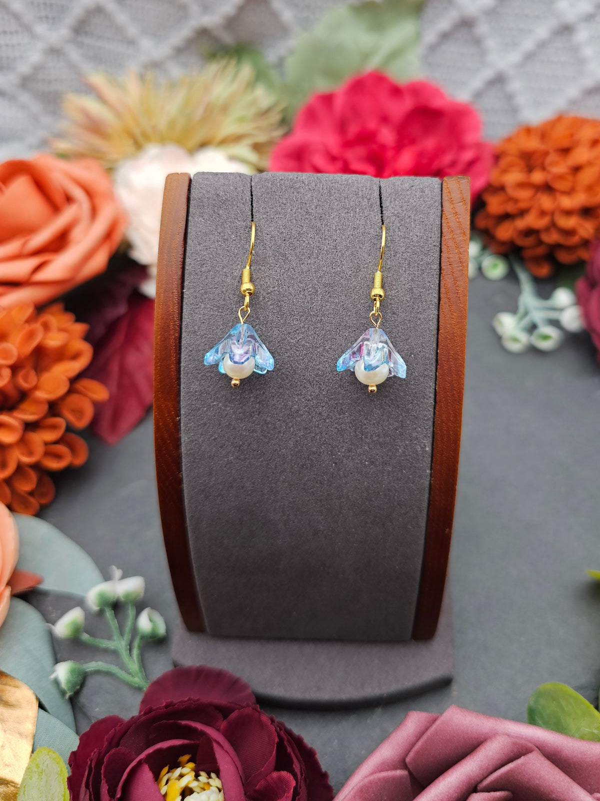 Ohrringe Floral Blau-Lila | Süßwasserzuchtperle | Edelstahl vergoldet