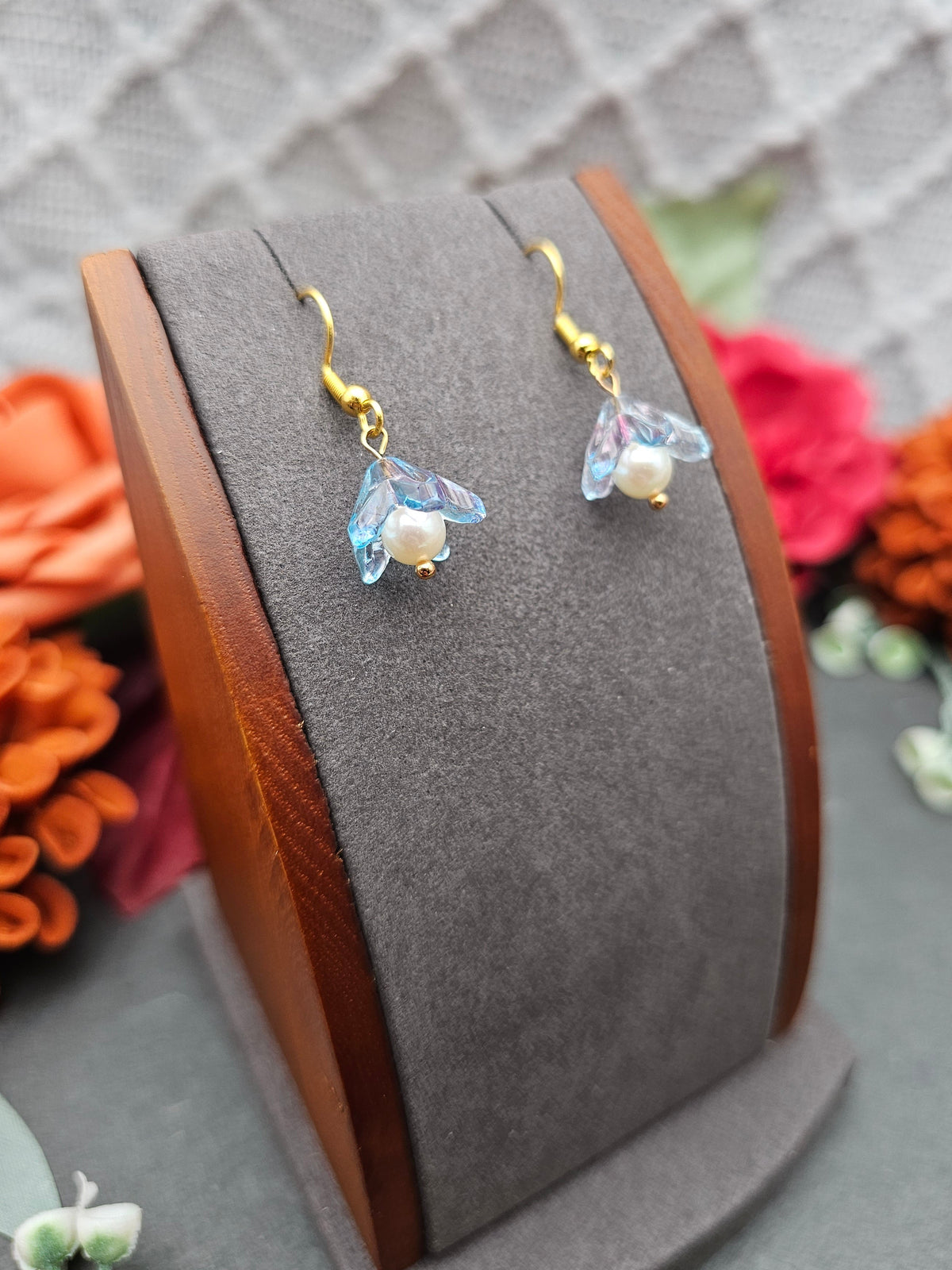 Ohrringe Floral Blau-Lila | Süßwasserzuchtperle | Edelstahl vergoldet