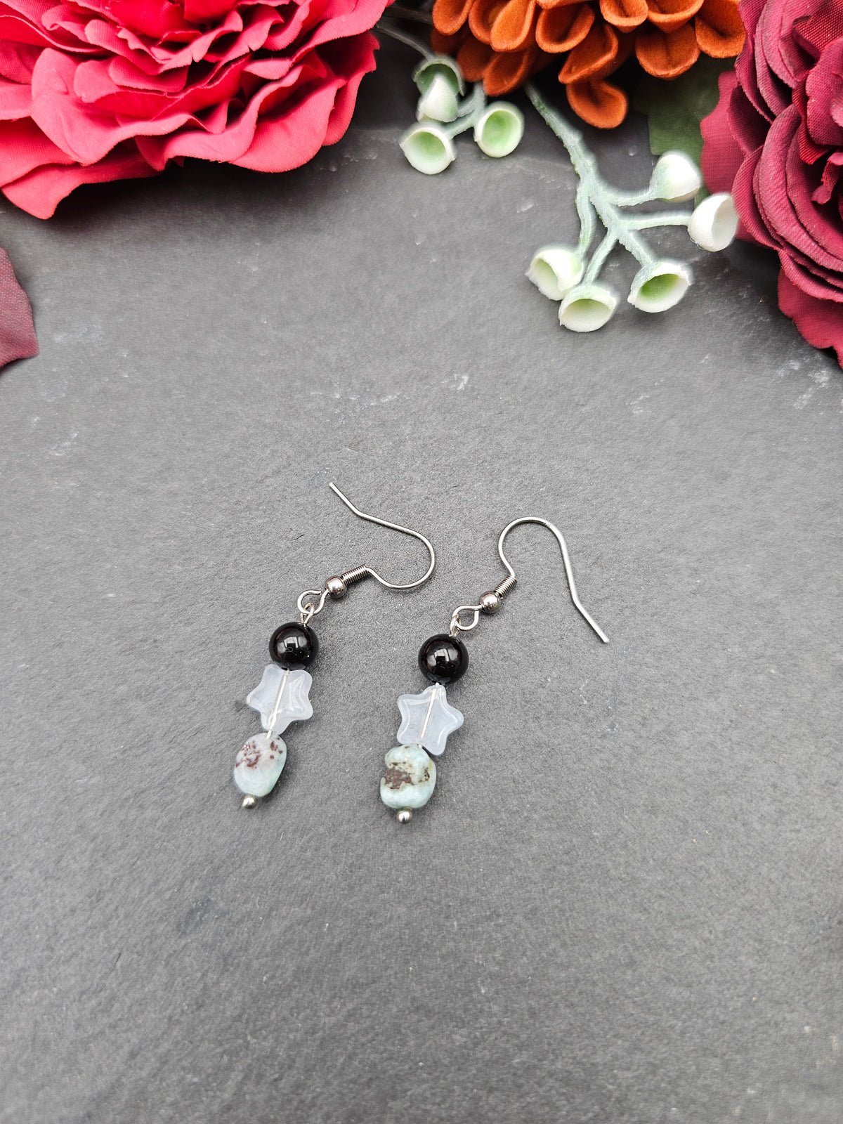 Ohrringe Sternchen | Onyx & Larimar | Edelstahl