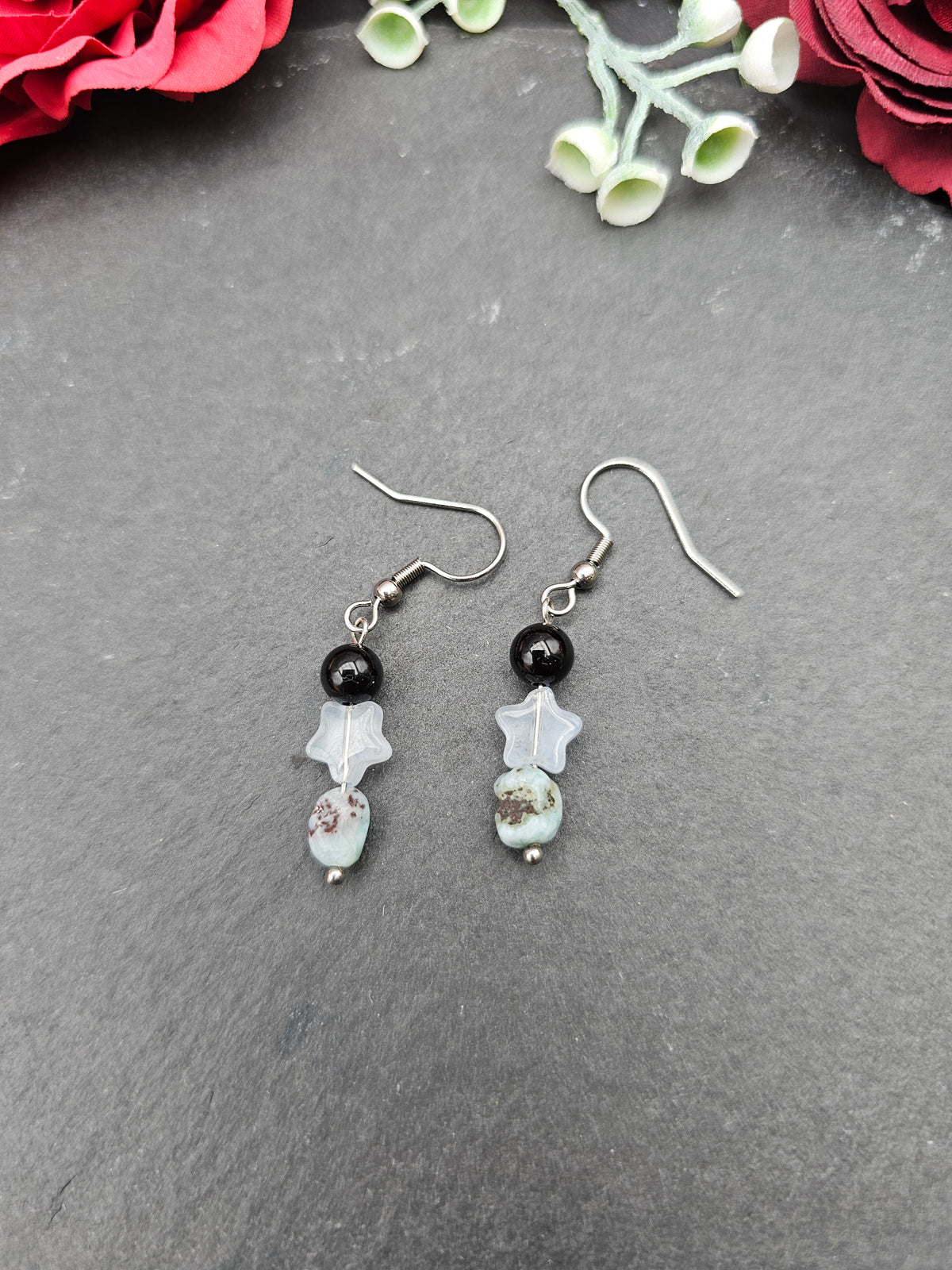Ohrringe Sternchen | Onyx & Larimar | Edelstahl