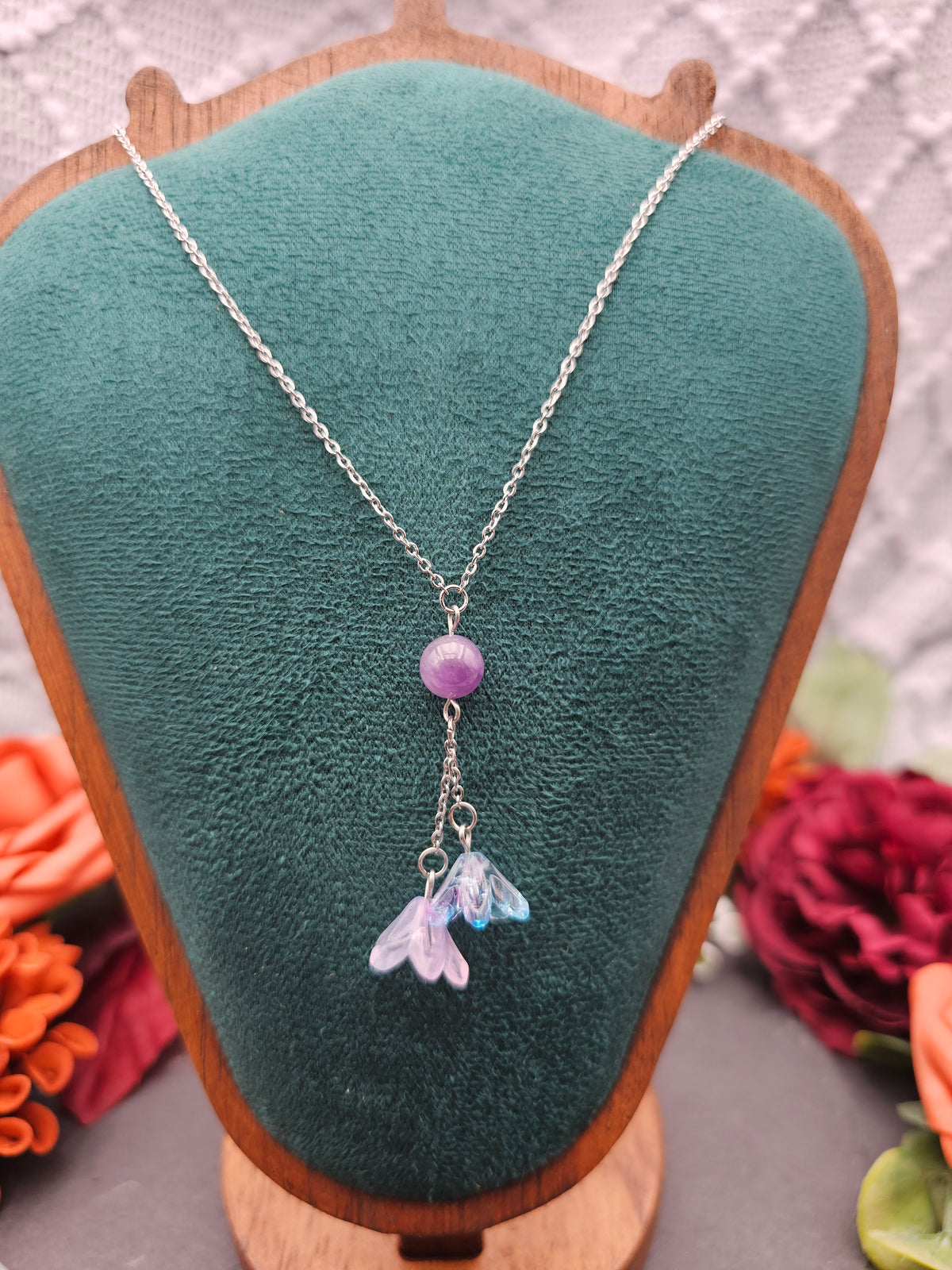 Halskette Floral Blau & Rosa | Amethyst | Edelstahl