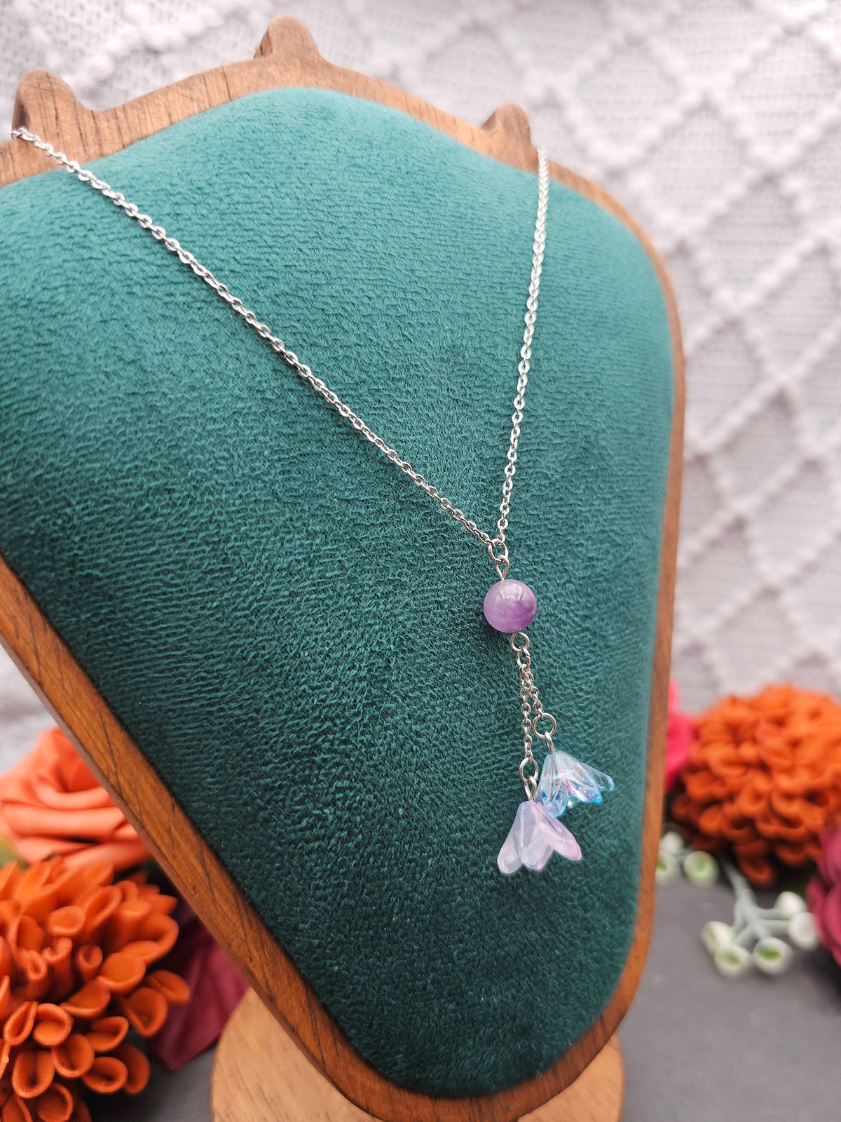 Halskette Floral Blau & Rosa | Amethyst | Edelstahl
