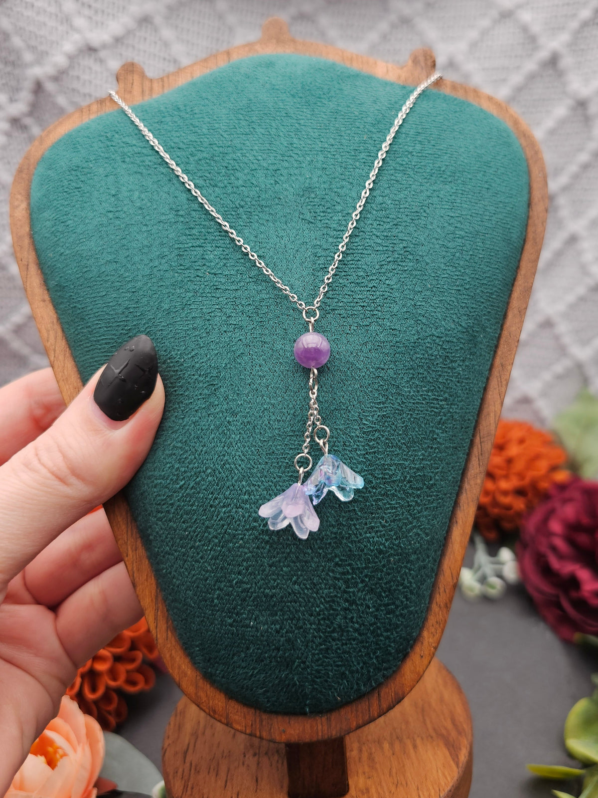Halskette Floral Blau & Rosa | Amethyst | Edelstahl