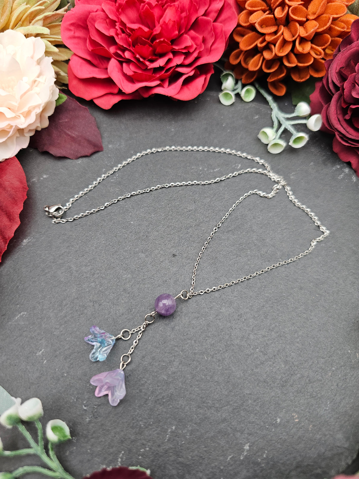 Halskette Floral Blau & Rosa | Amethyst | Edelstahl
