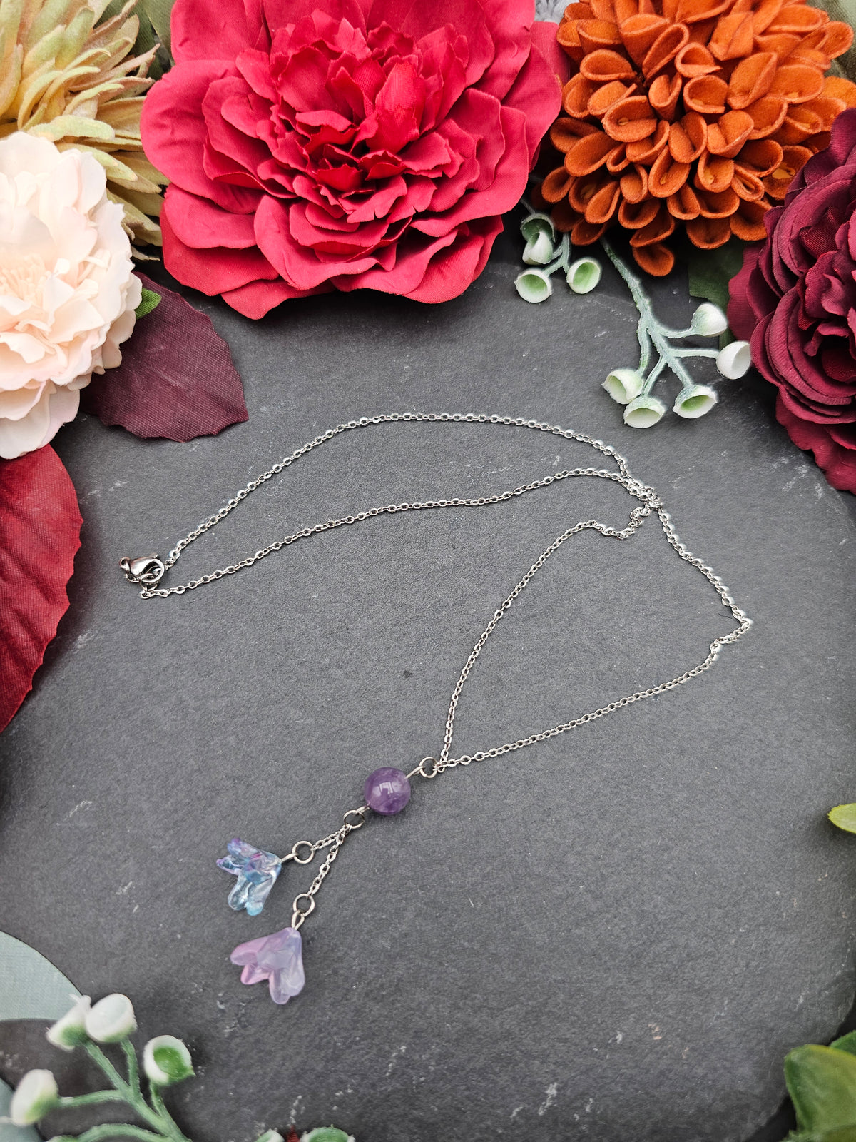 Halskette Floral Blau & Rosa | Amethyst | Edelstahl