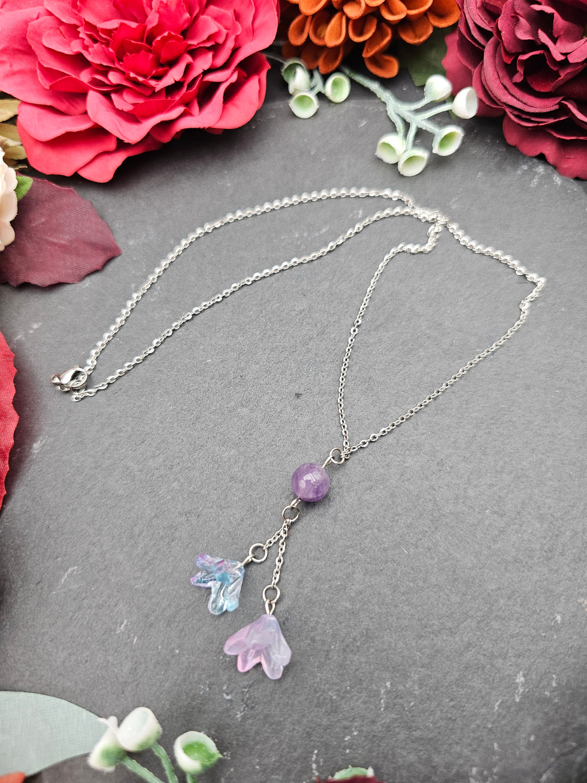 Halskette Floral Blau & Rosa | Amethyst | Edelstahl