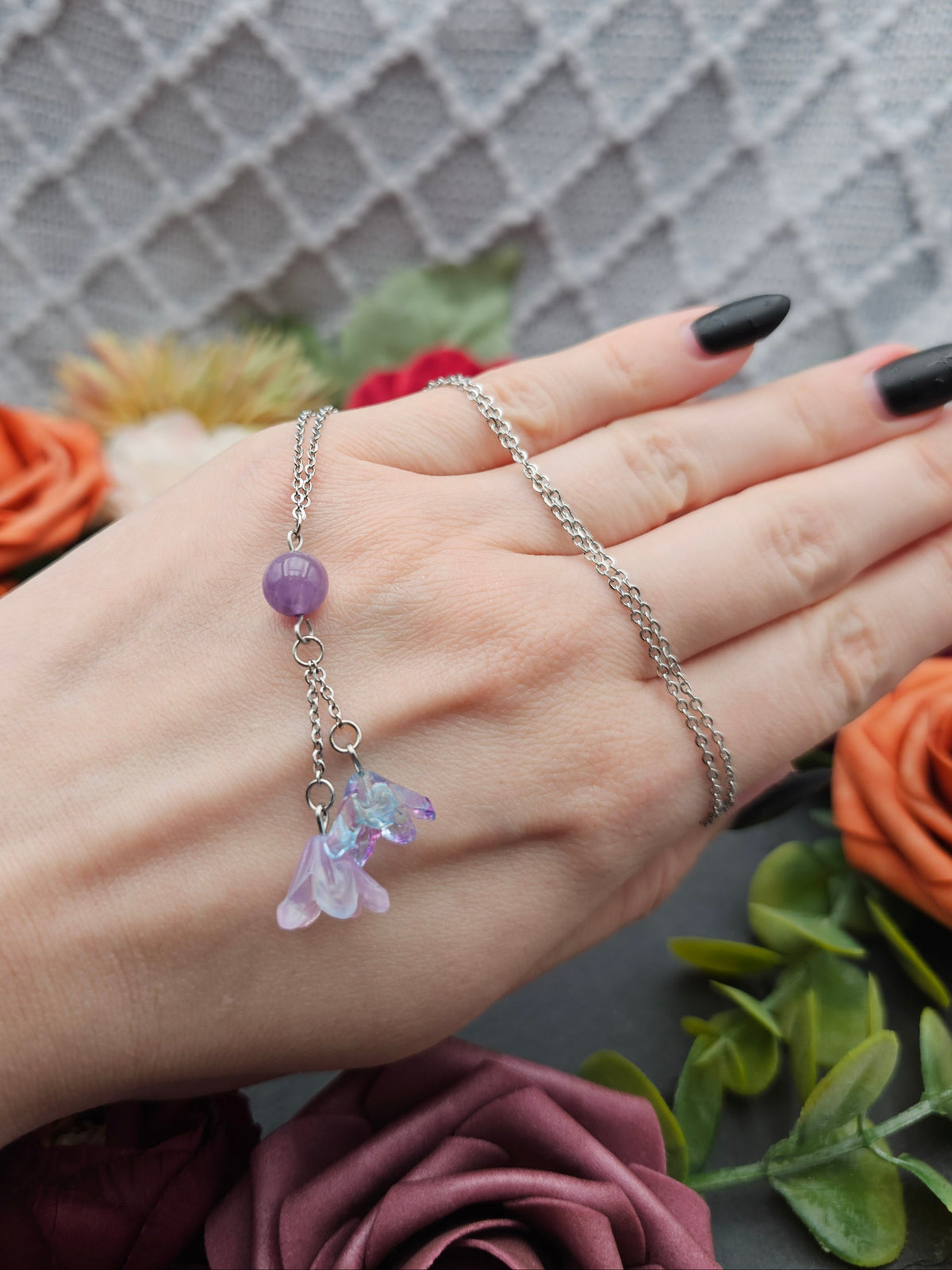 Halskette Floral Blau & Rosa | Amethyst | Edelstahl