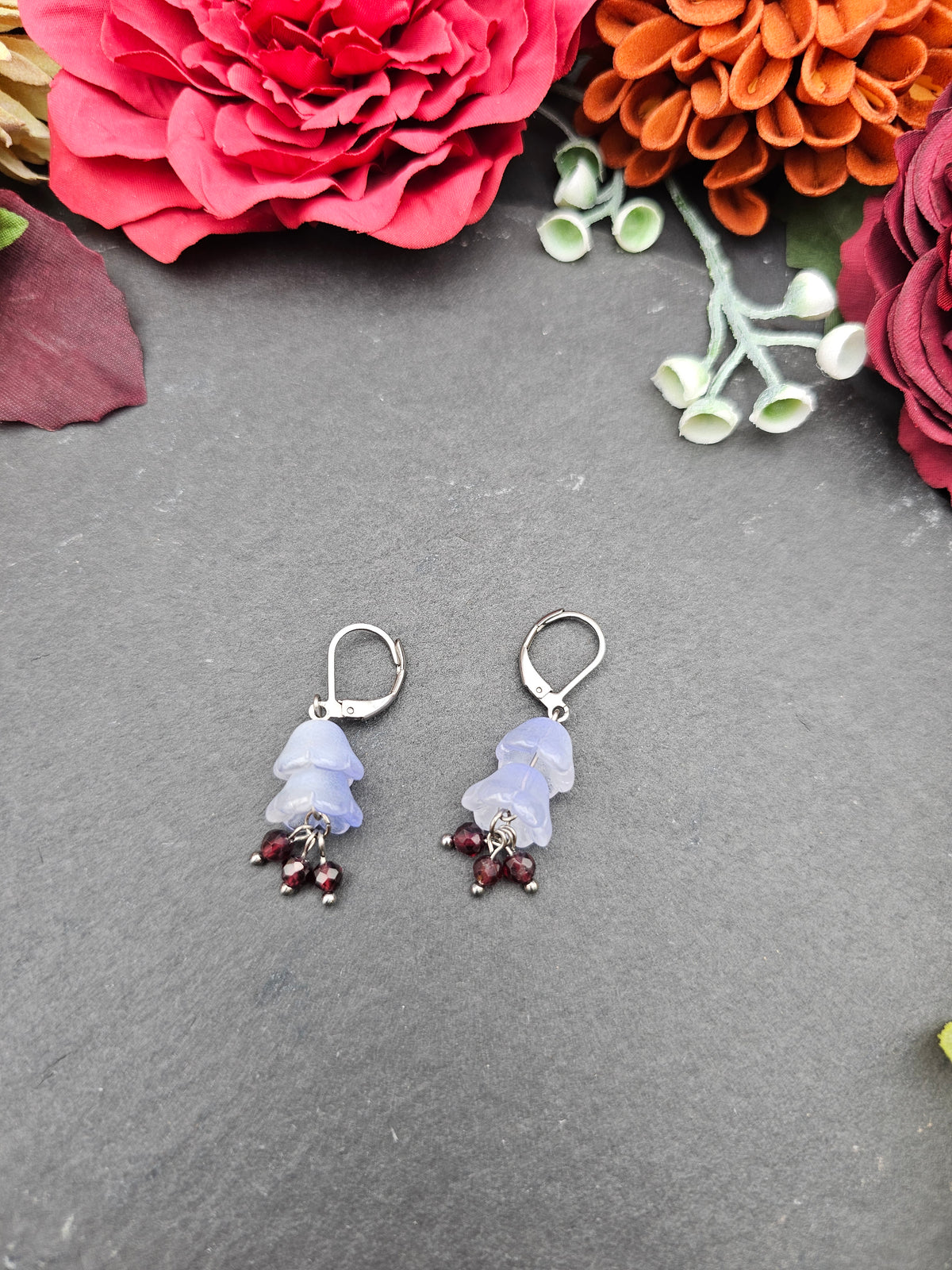 Ohrringe Floral Blau | Granat | Edelstahl