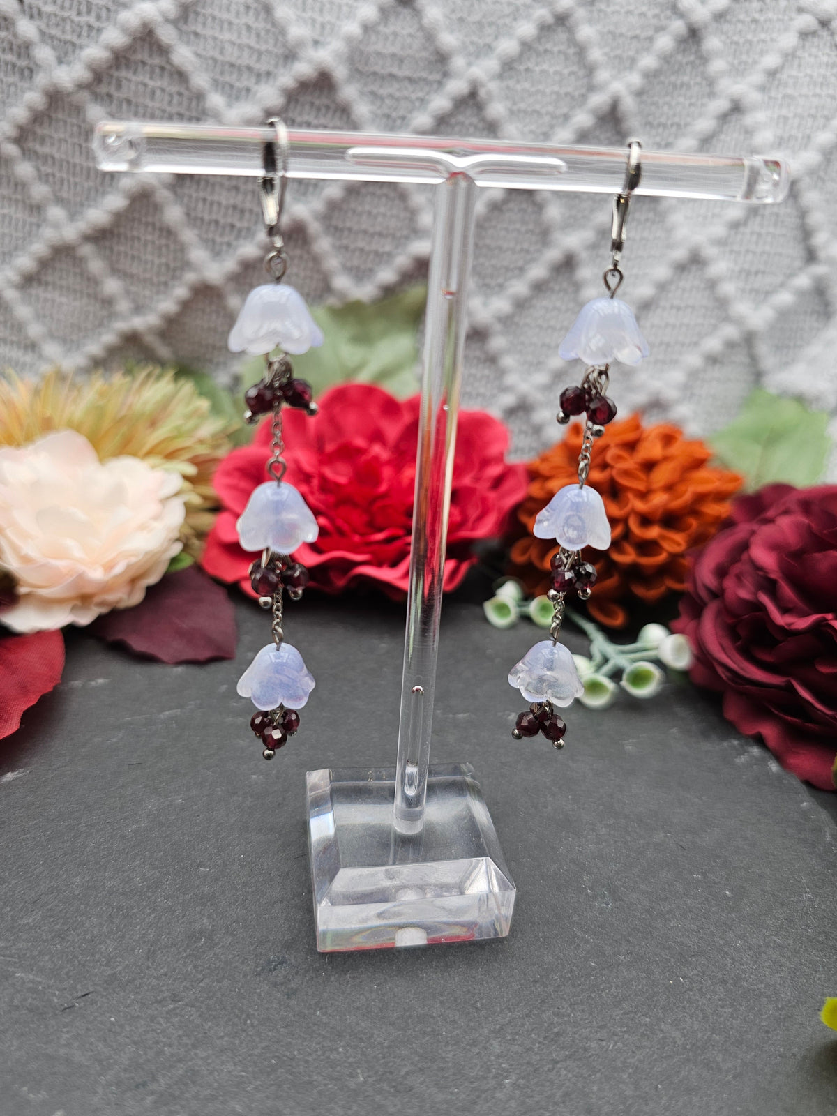 Ohrringe Floral Blau Lang | Granat | Edelstahl