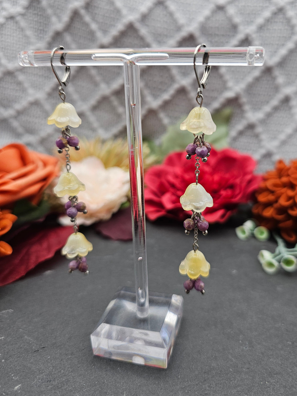 Ohrringe Floral Gelb Lang | Lepidolith | Edelstahl