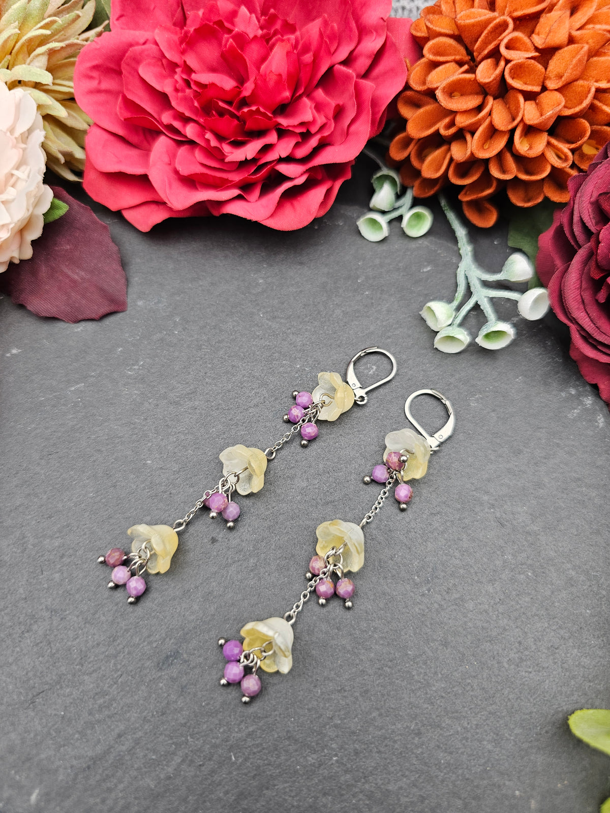 Ohrringe Floral Gelb Lang | Lepidolith | Edelstahl