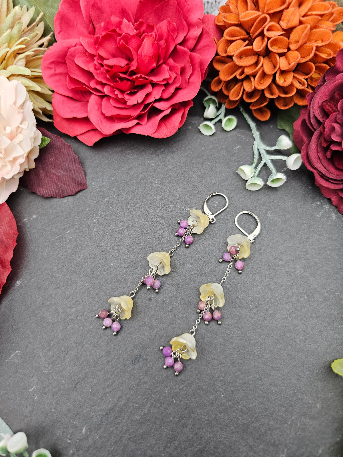 Ohrringe Floral Gelb Lang | Lepidolith | Edelstahl