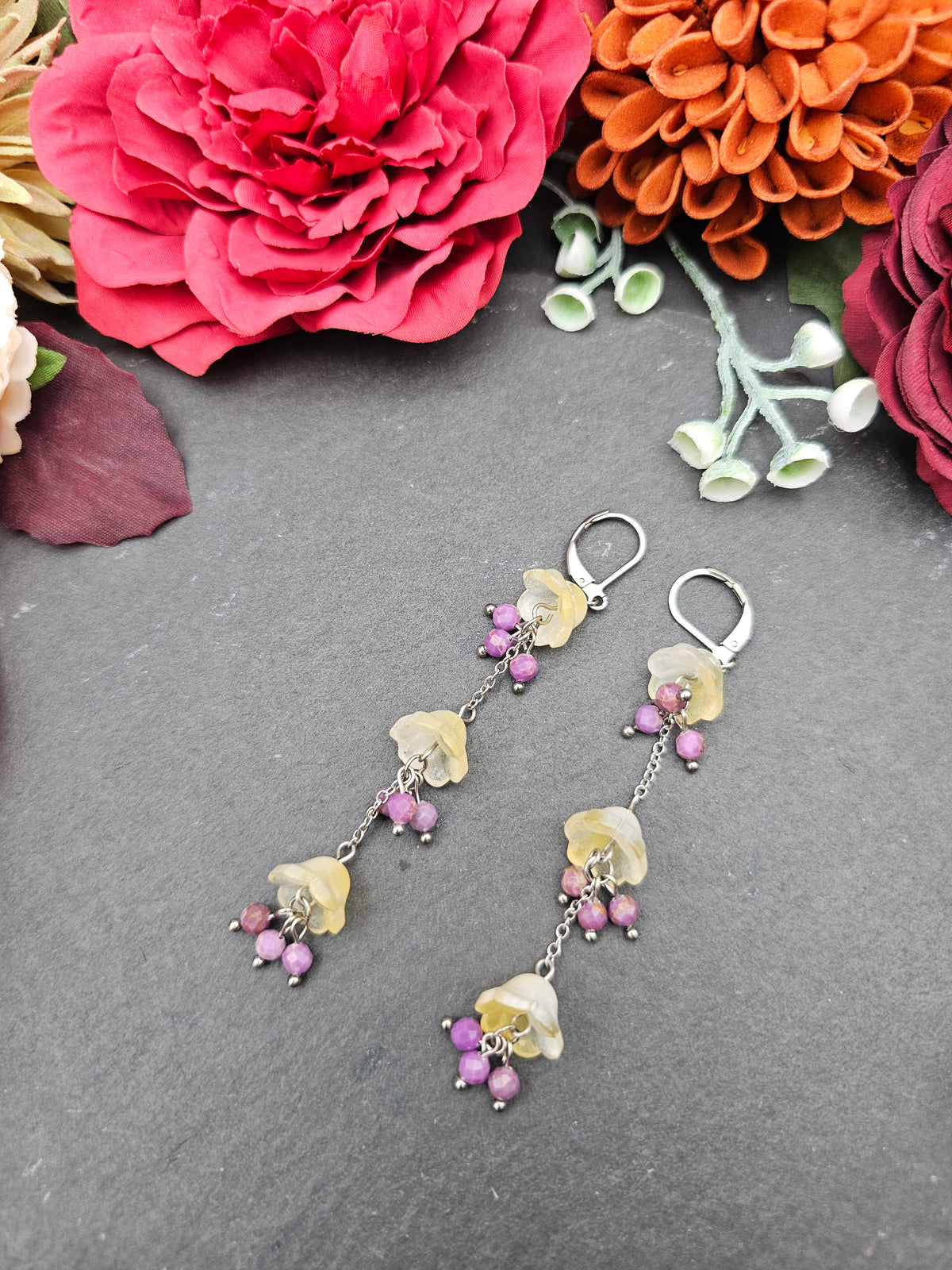 Ohrringe Floral Gelb Lang | Lepidolith | Edelstahl