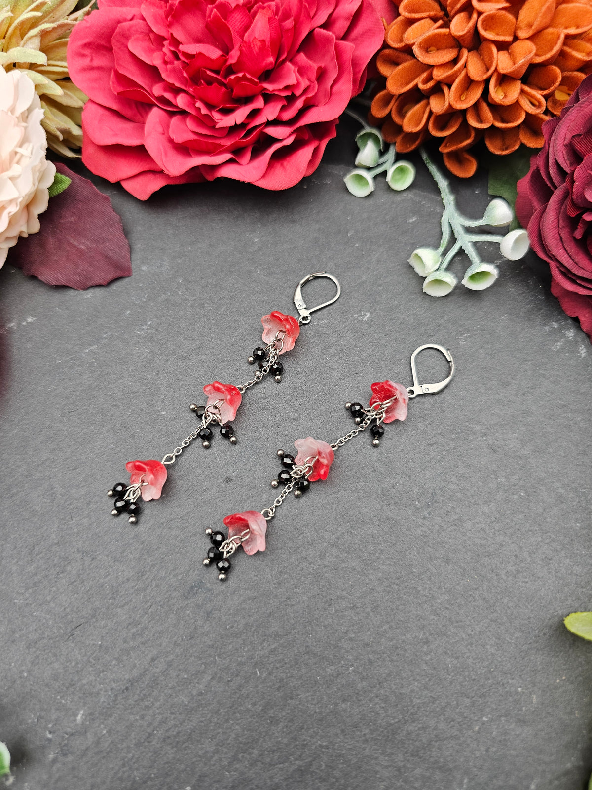 Ohrringe Floral Rot Lang | Spinell | Edelstahl