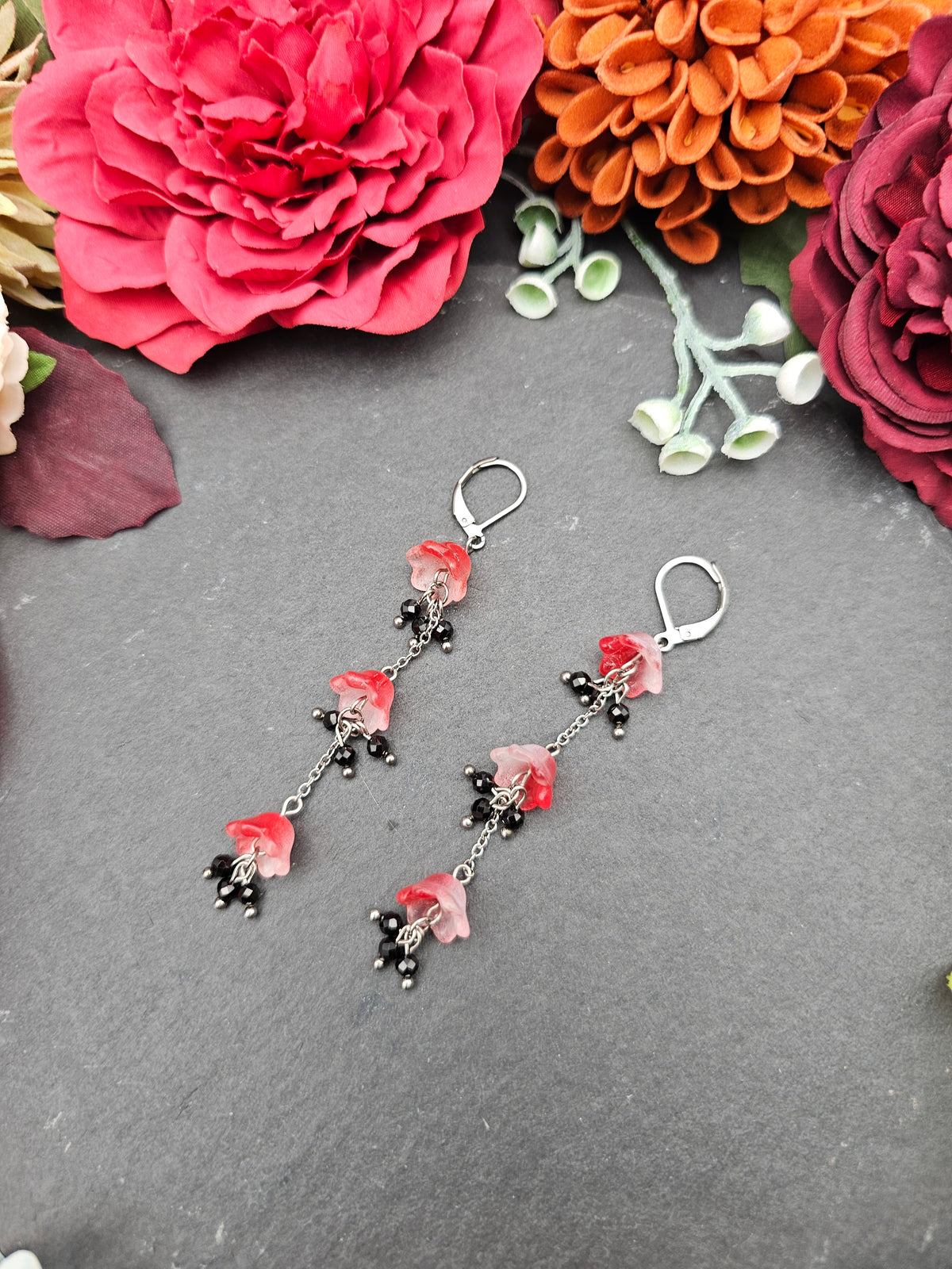 Ohrringe Floral Rot Lang | Spinell | Edelstahl