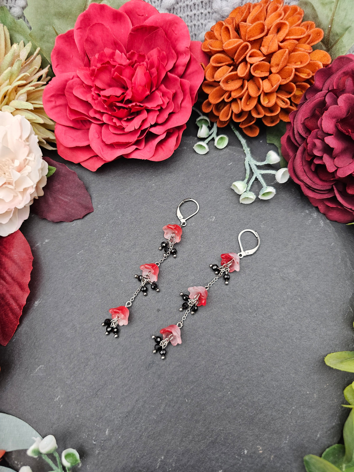 Ohrringe Floral Rot Lang | Spinell | Edelstahl