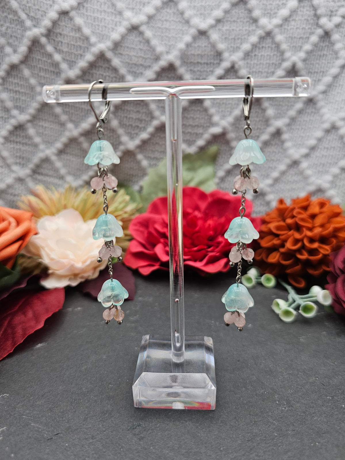 Ohrringe Floral Mint Lang | Rosaquarz | Edelstahl