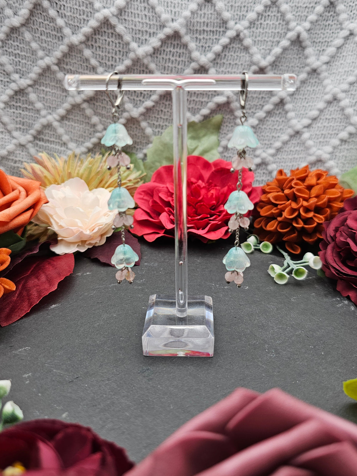Ohrringe Floral Mint Lang | Rosaquarz | Edelstahl