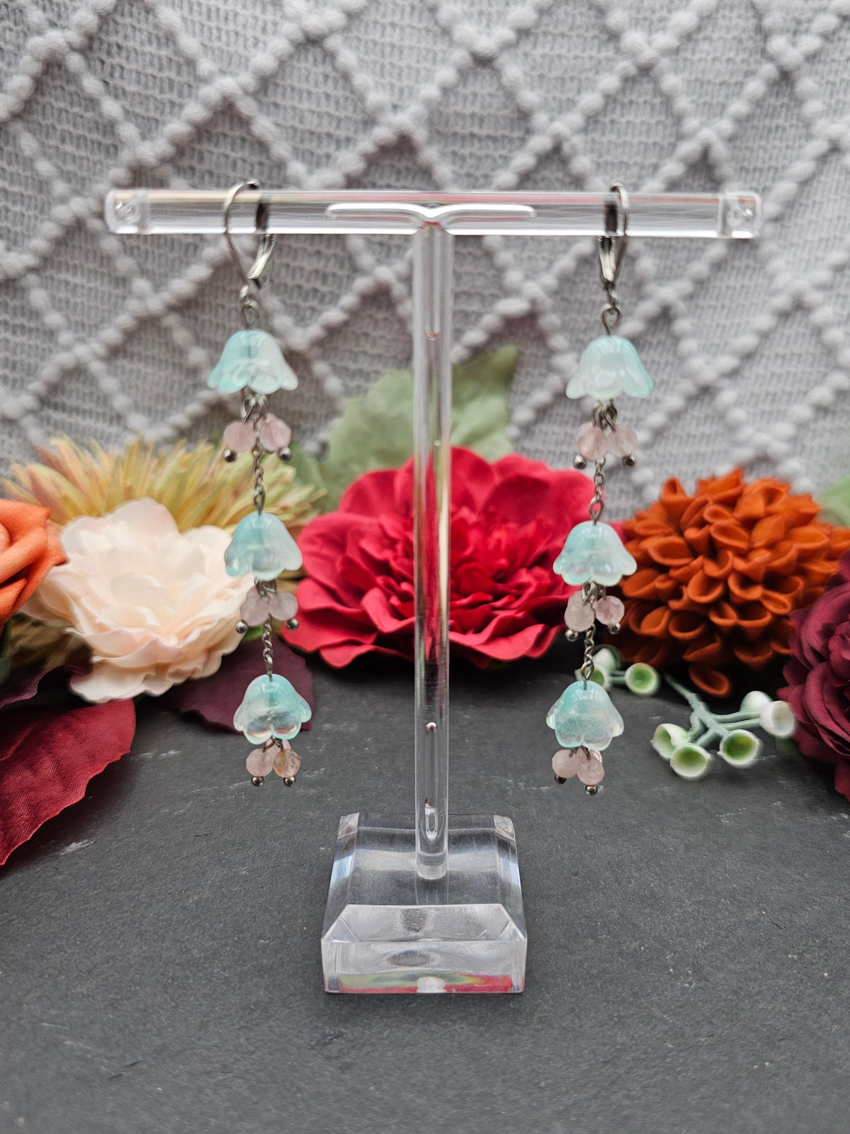 Ohrringe Floral Mint Lang | Rosaquarz | Edelstahl