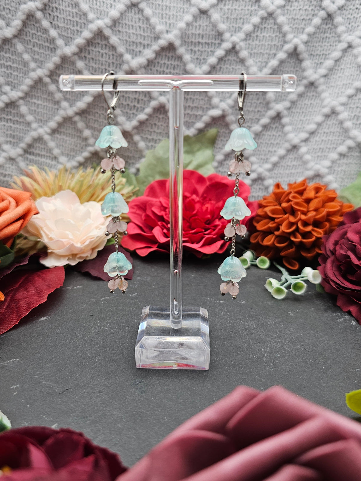 Ohrringe Floral Mint Lang | Rosaquarz | Edelstahl