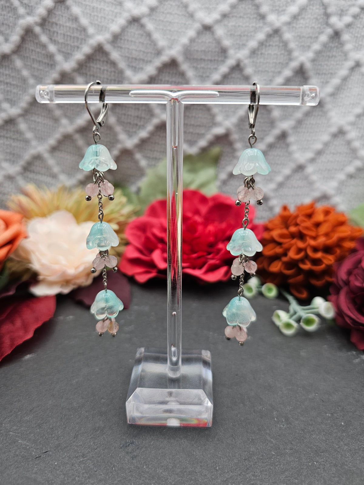 Ohrringe Floral Mint Lang | Rosaquarz | Edelstahl