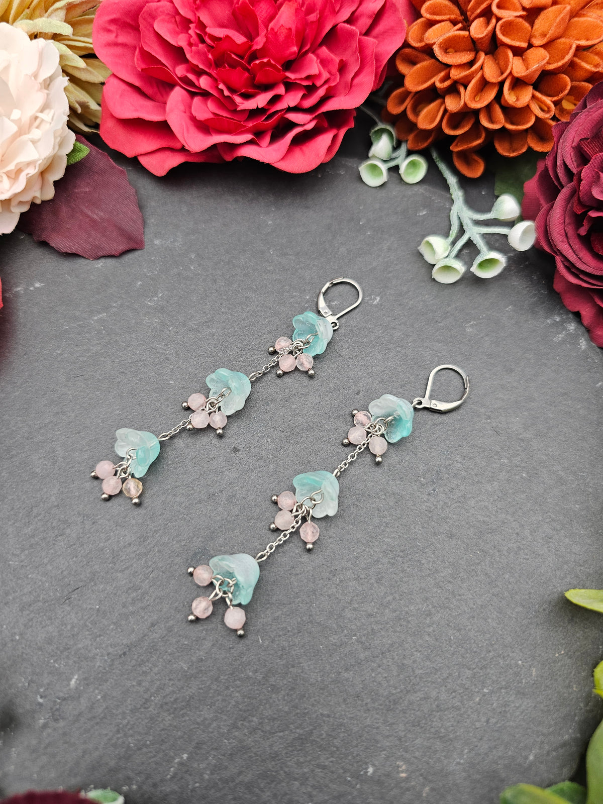 Ohrringe Floral Mint Lang | Rosaquarz | Edelstahl