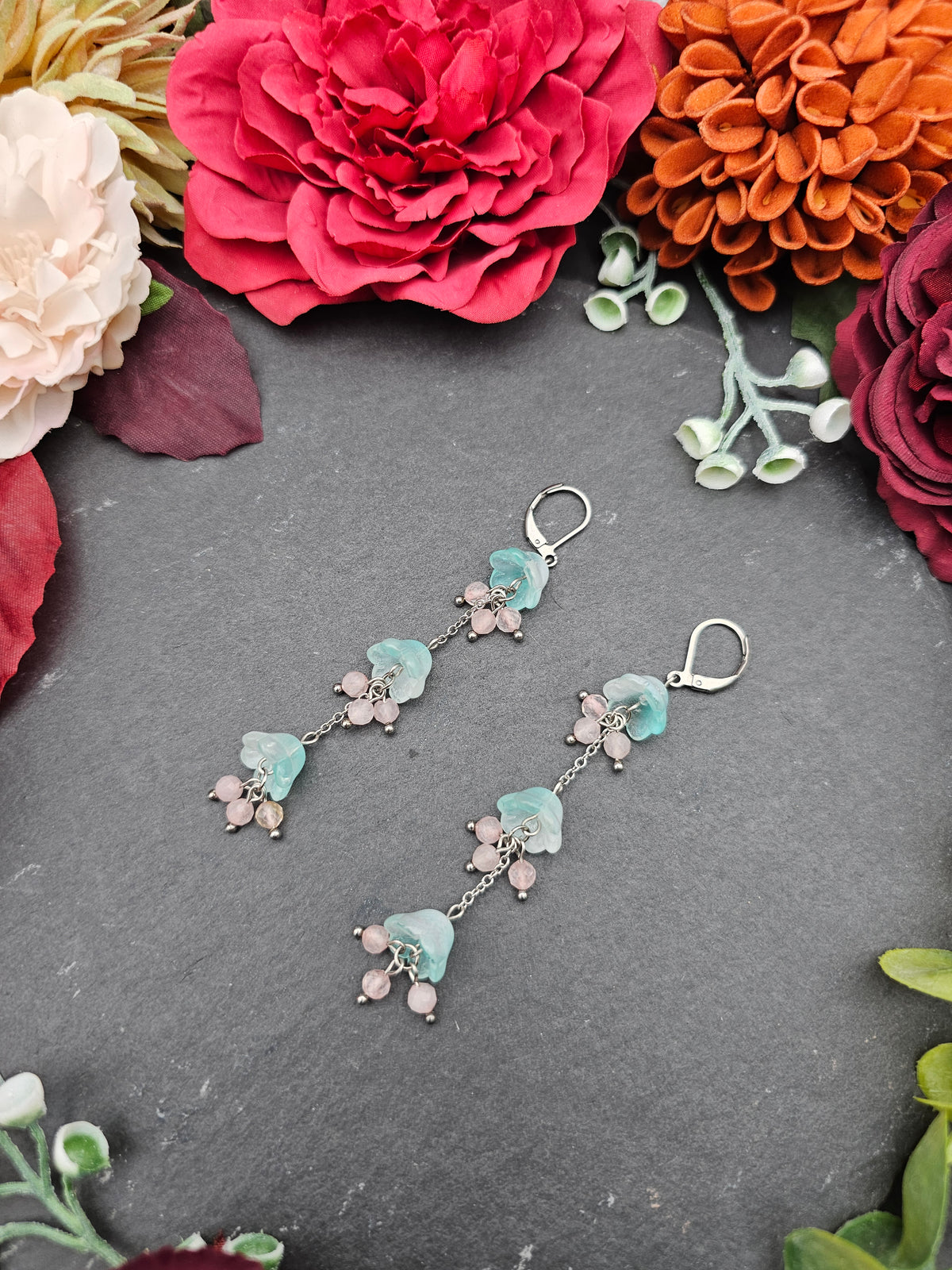 Ohrringe Floral Mint Lang | Rosaquarz | Edelstahl