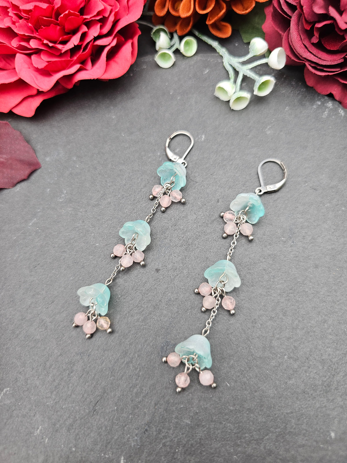 Ohrringe Floral Mint Lang | Rosaquarz | Edelstahl
