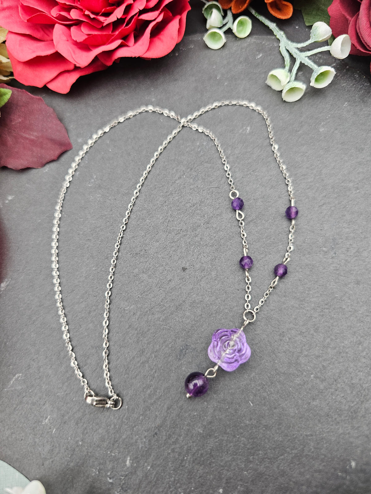 Halskette Rose Lila | Amethyst | Edelstahl