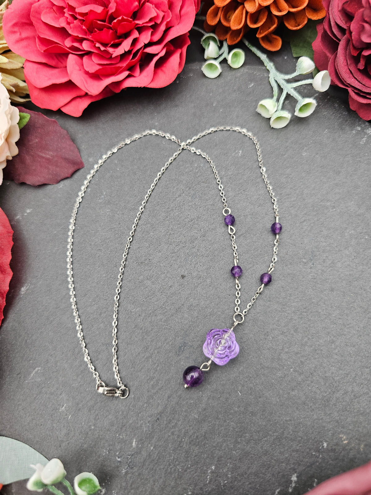 Halskette Rose Lila | Amethyst | Edelstahl