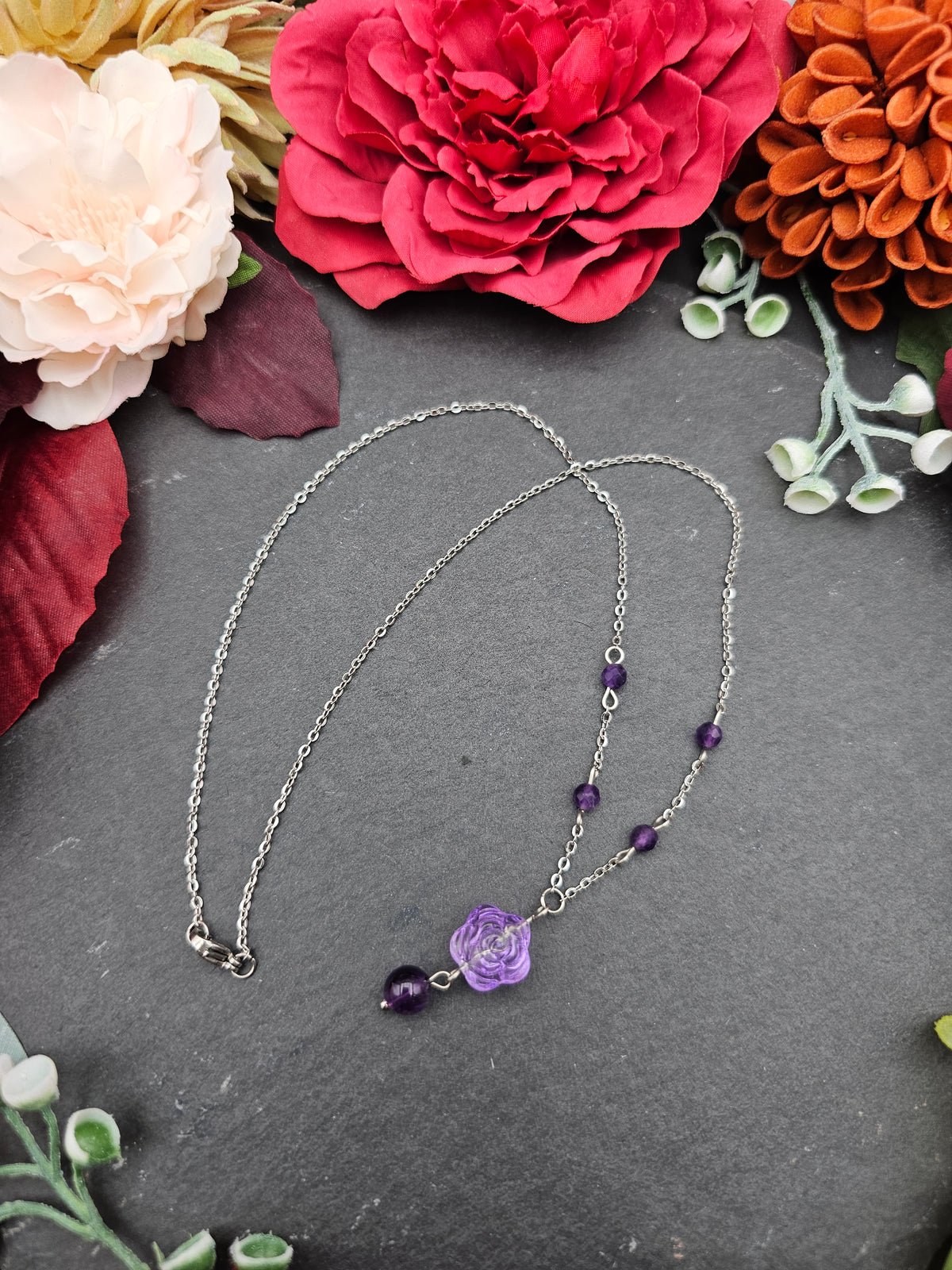 Halskette Rose Lila | Amethyst | Edelstahl