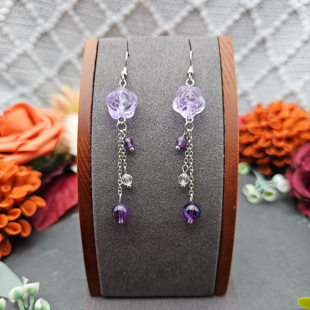 Ohrringe Rose Lila | Amethyst & Bergkristall | Edelstahl
