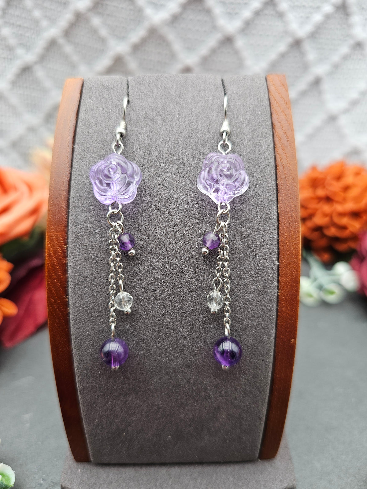 Ohrringe Rose Lila | Amethyst & Bergkristall | Edelstahl