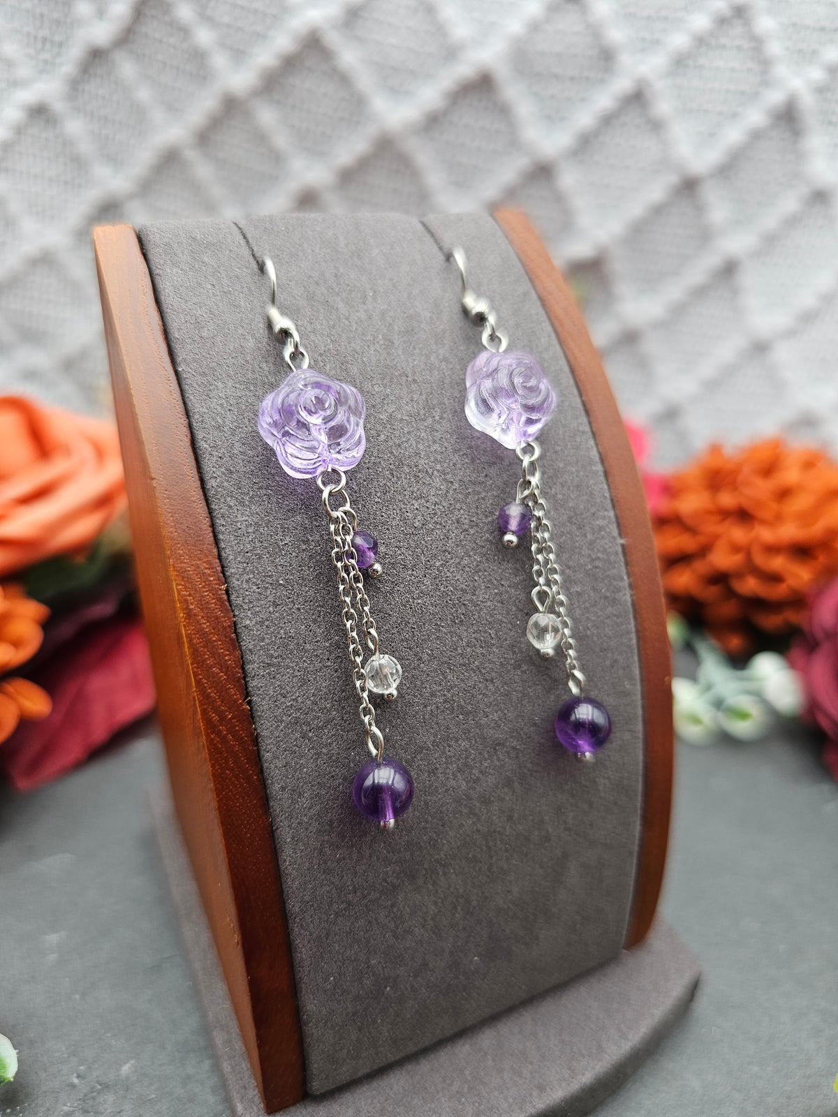 Ohrringe Rose Lila | Amethyst & Bergkristall | Edelstahl