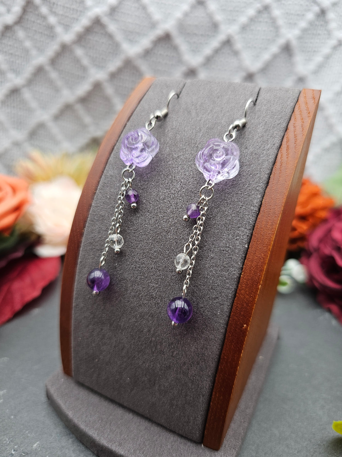 Ohrringe Rose Lila | Amethyst & Bergkristall | Edelstahl