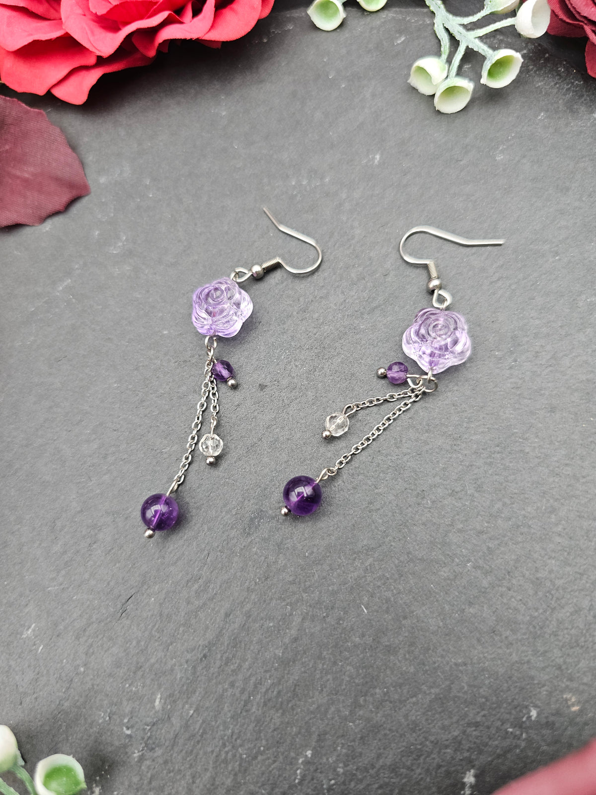 Ohrringe Rose Lila | Amethyst & Bergkristall | Edelstahl