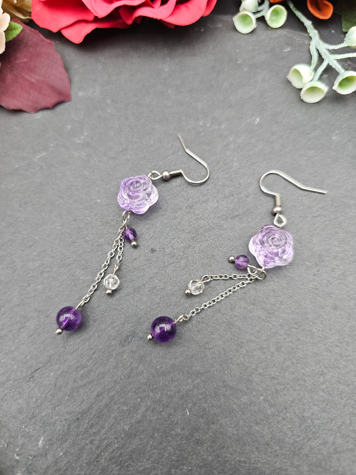 Ohrringe Rose Lila | Amethyst & Bergkristall | Edelstahl