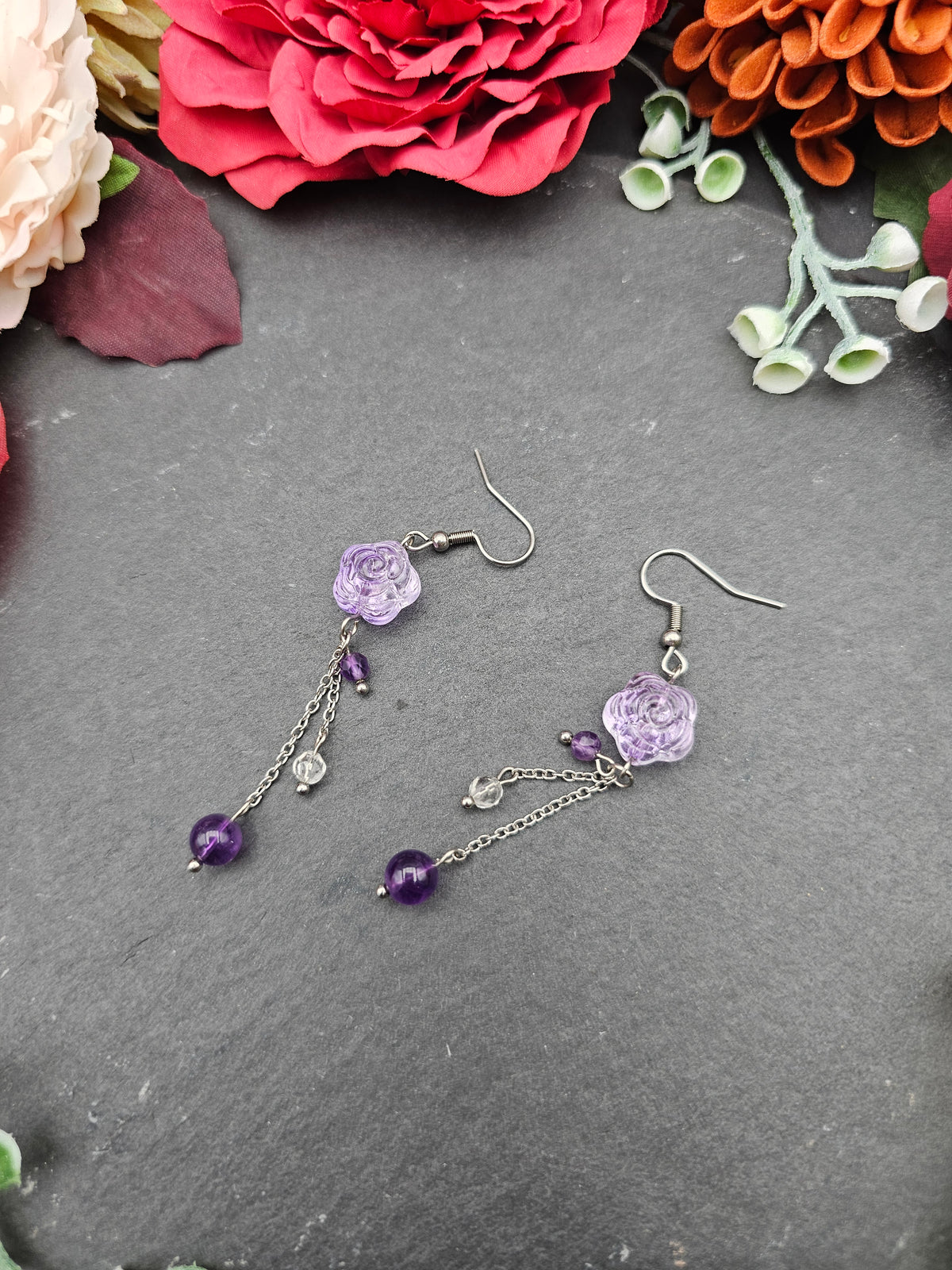 Ohrringe Rose Lila | Amethyst & Bergkristall | Edelstahl