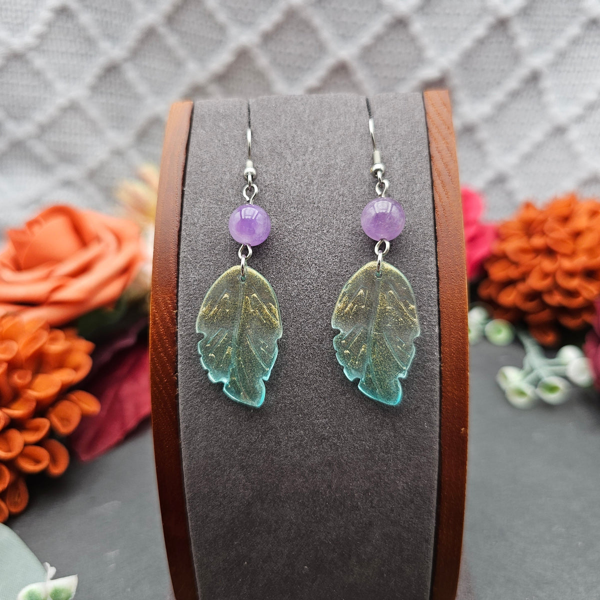 Ohrringe Blätter Grün | Amethyst | Edelstahl