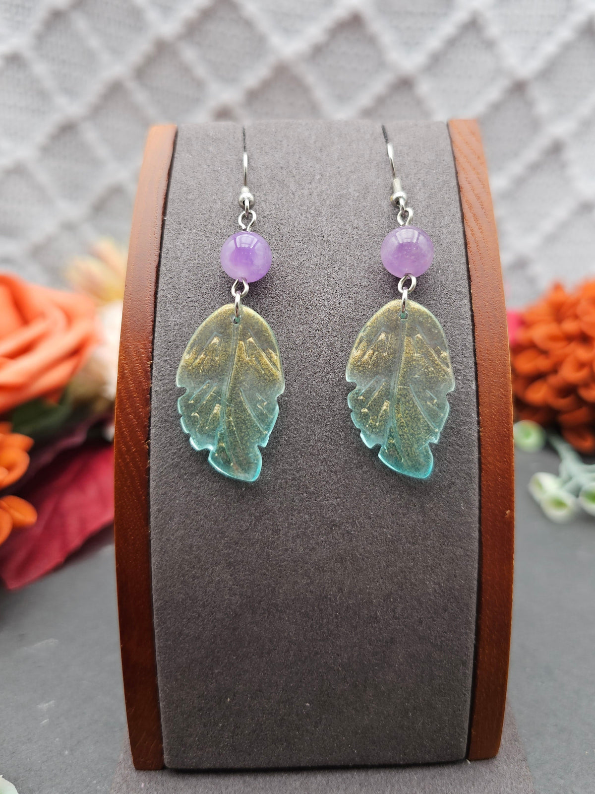 Ohrringe Blätter Grün | Amethyst | Edelstahl