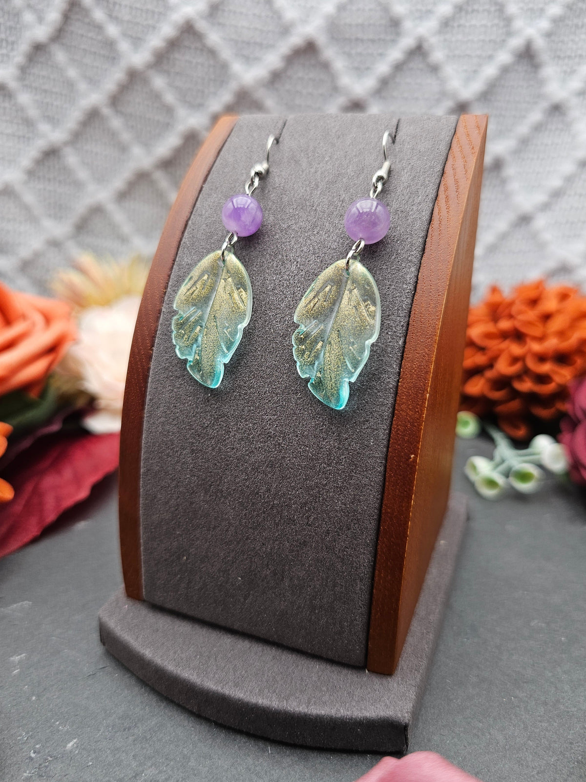 Ohrringe Blätter Grün | Amethyst | Edelstahl