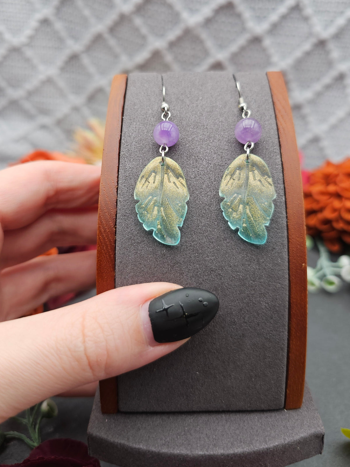 Ohrringe Blätter Grün | Amethyst | Edelstahl
