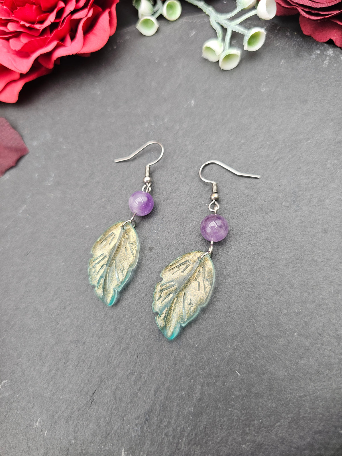 Ohrringe Blätter Grün | Amethyst | Edelstahl